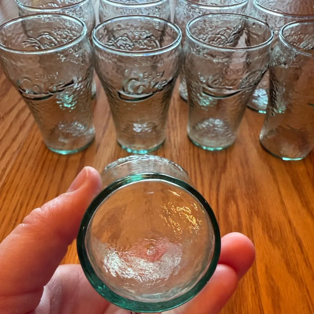 Set of 9 Vintage Mini Green Pebbled Coca-Cola Glasses